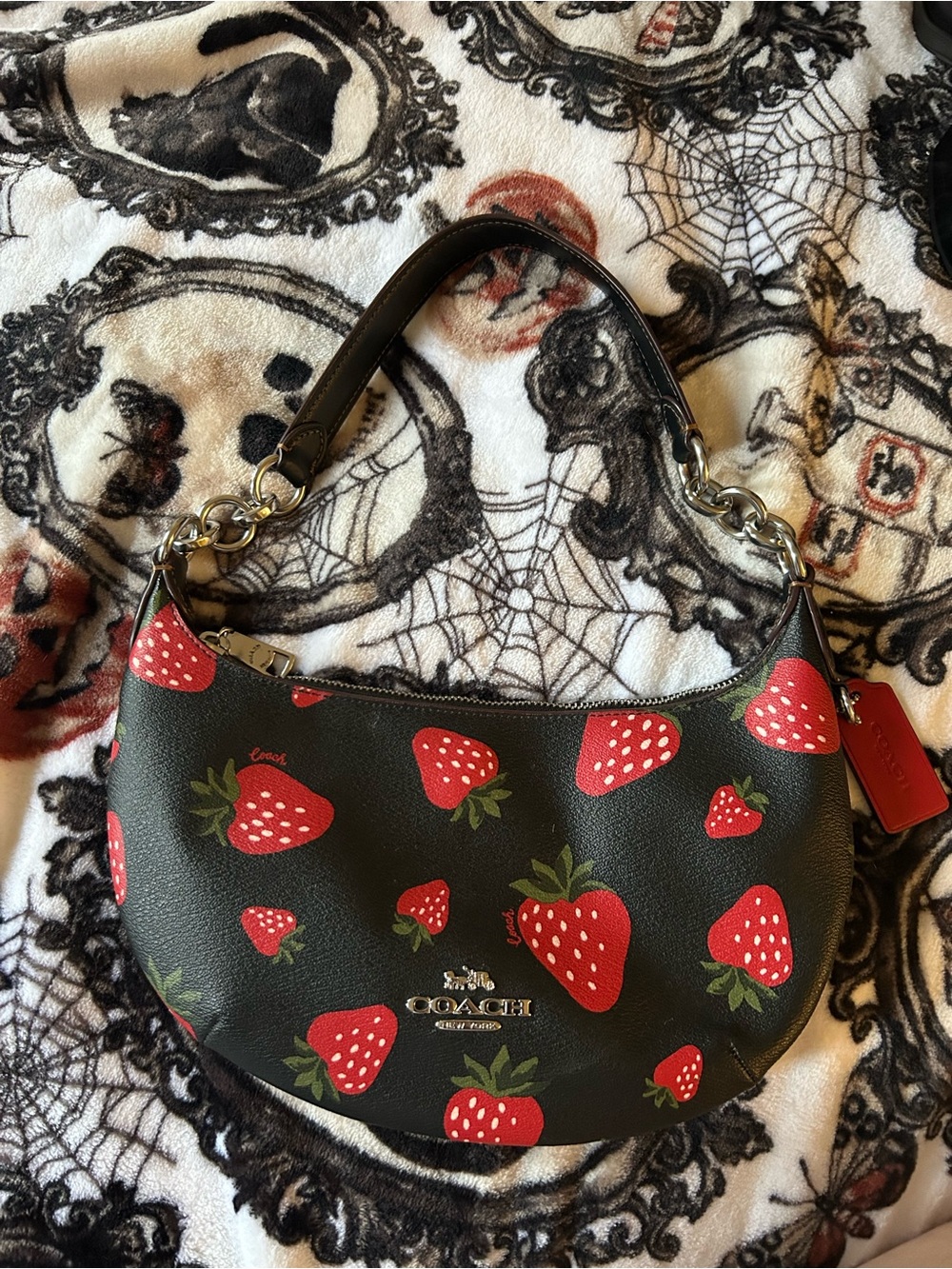 Coach Black Strawberry Print Crescent Shoulder Bag